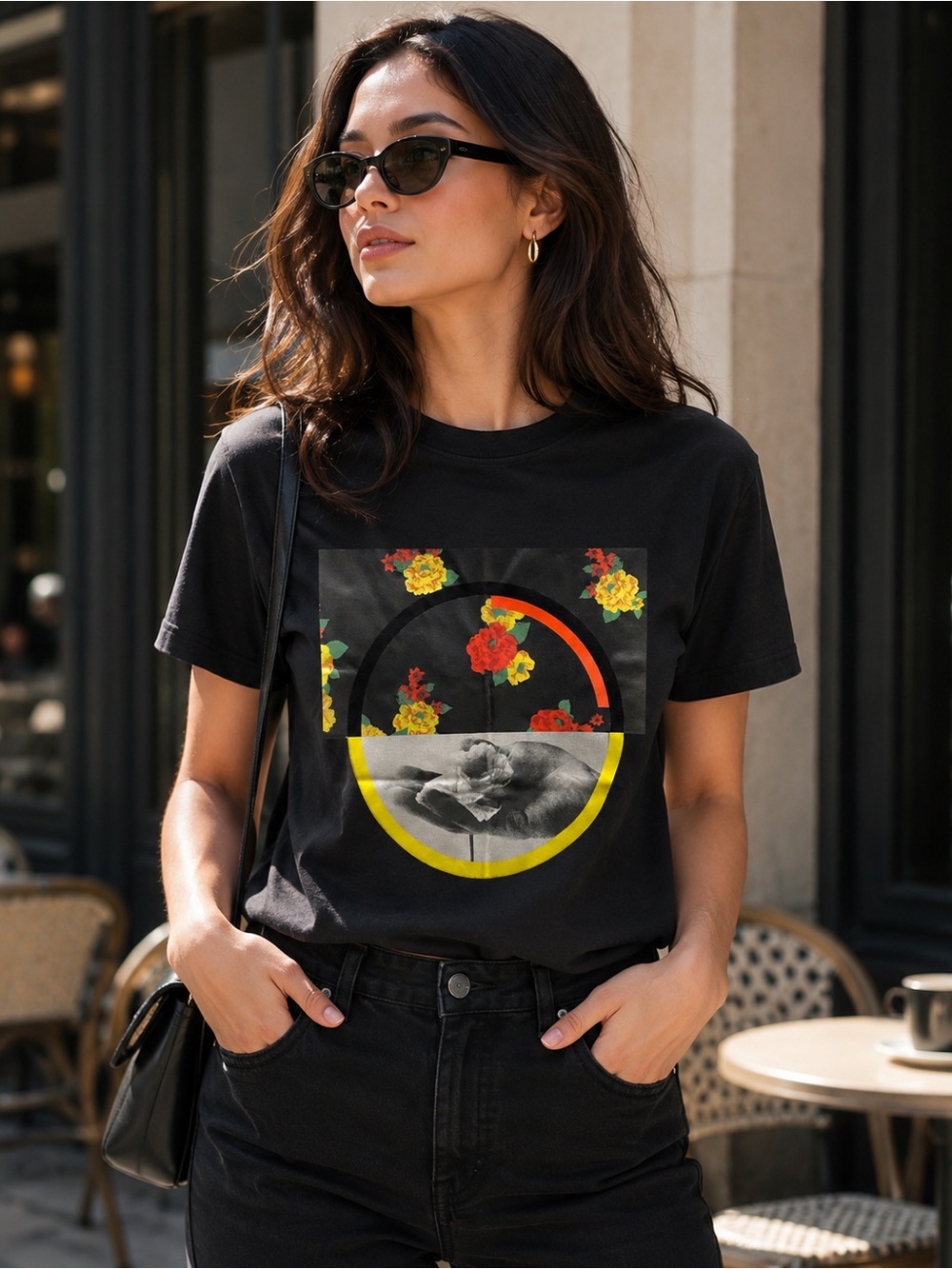 Alexander McQueen Black Graphic Floral Tee with Yellow and Red Accents
